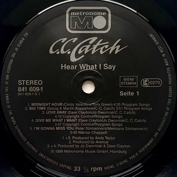 C.C. Catch – Hear What I Say , 1 press , Germany