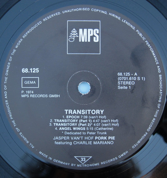 Jasper Van't Hof's Pork Pie* Feat. Charly Mariano* – Transitory, Gatefold