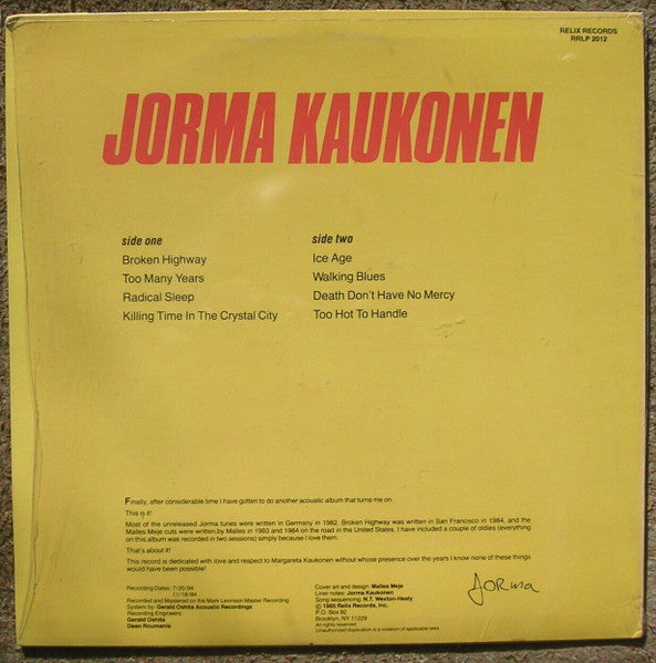 Jorma Kaukonen – Too Hot To Handle , 1 press , US