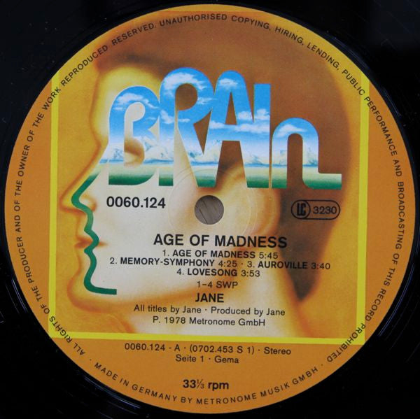 Jane – Age Of Madness , Gatefold , Orange Labels , 1press Germany 1978