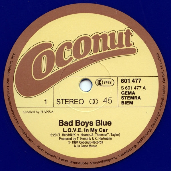 Bad Boys Blue – L.O.V.E. In My Car , 12", 45 RPM, Maxi-Single, Blue vinyl