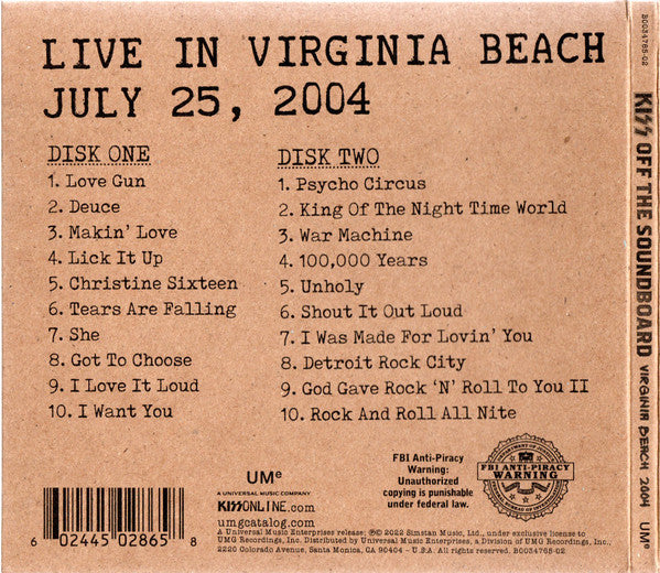 Kiss – Off The Soundboard Live In Virginia Beach July 25, 2004 , 2 CD , digipak