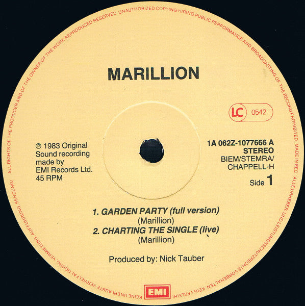 Marillion – Garden Party (The Great Cucumber Massacre) , Single, 45 RPM