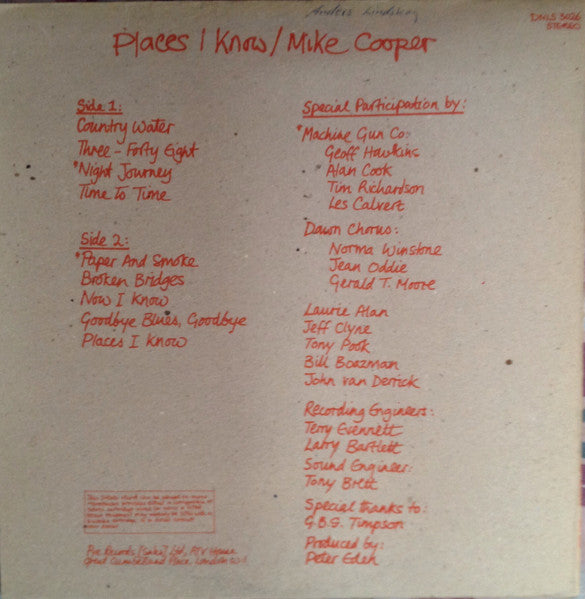 Mike Cooper With The Machine Gun Co. And Michael Gibbs – Places I Know, 1st Press, incl. mini poster