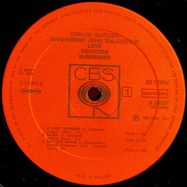 Carlos Santana & Mahavishnu John McLaughlin* – Love Devotion Surrender , Gatefold