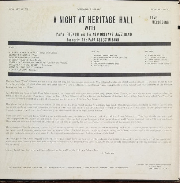 "Papa" French And His New Orleans Jazz Band – A Night At Heritage Hall