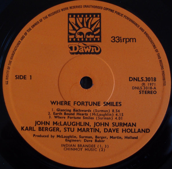 John McLaughlin, John Surman, Karl Berger, Stu Martin, Dave Holland – Where Fortune Smiles, Gatefold, Orange labels