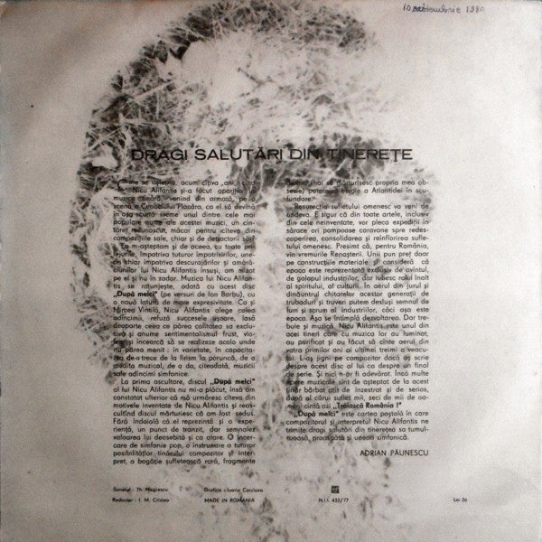Nicu Alifantis ‎– După Melci    ,  Foldout Sleeve