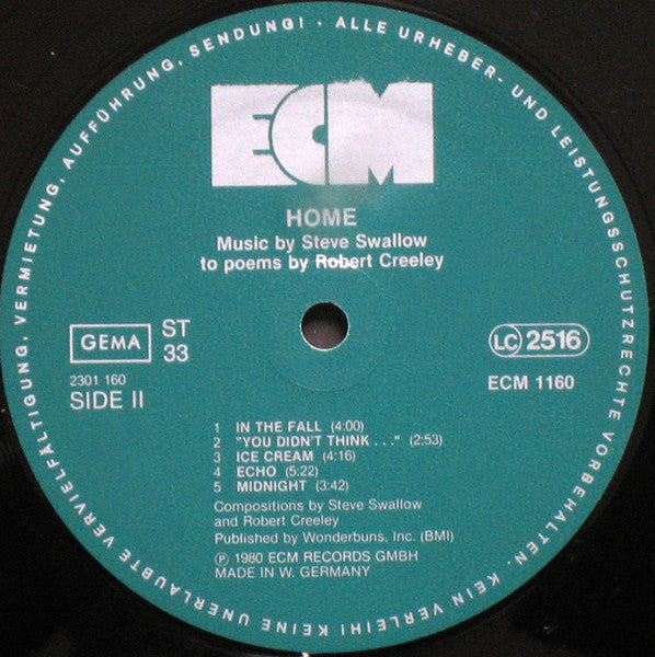 Steve Swallow ‎– Home · Music By Steve Swallow To Poems By Robert Creeley   ,   ECM ,