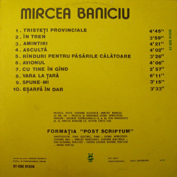 Mircea Baniciu ‎– Tristeți Provinciale