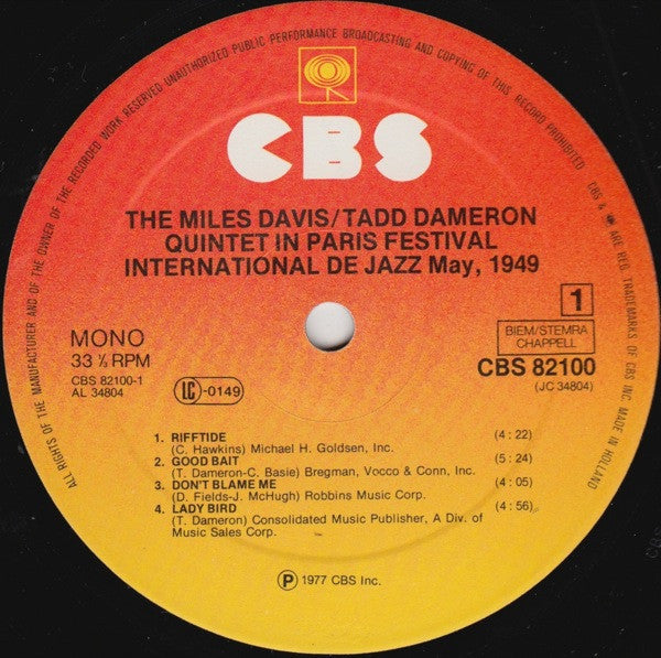 The Miles Davis/Tadd Dameron Quintet* – In Paris Festival International De Jazz - May, 1949   , Gatefold