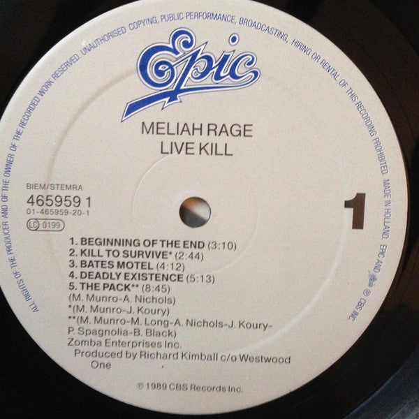 Meliah Rage – Live Kill    ,  12", 33 ⅓ RPM, Single Sided