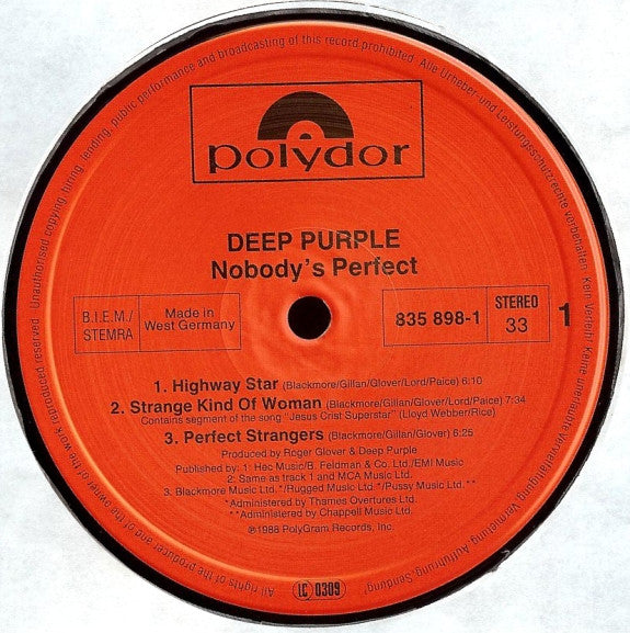 Deep Purple ‎– Nobody's Perfect    , 2LP , Gatefold