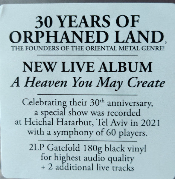 Orphaned Land – A Heaven You May Create (30th Anniversary / Live In Tel-Aviv)   , 2LP , Gatefold