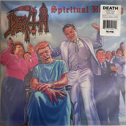 Death – Spiritual Healing, Special Edition, Custom Tri Color Merge [Red, Cyan Blue And Black] With White, Hot Pink And Cyan Blue Splatter