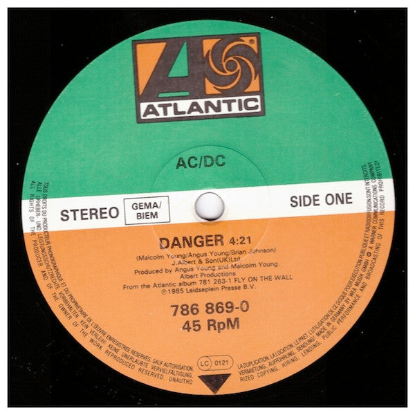 AC/DC – Danger, 	 Vinyl, 12", 45 RPM, Single