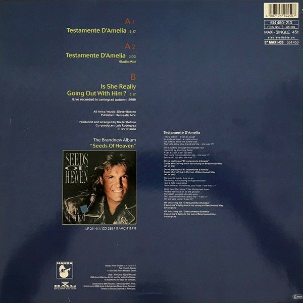 Blue System – Testamente D'Amelia, 	 Vinyl, 12", 45 RPM, Maxi-Single, Stereo