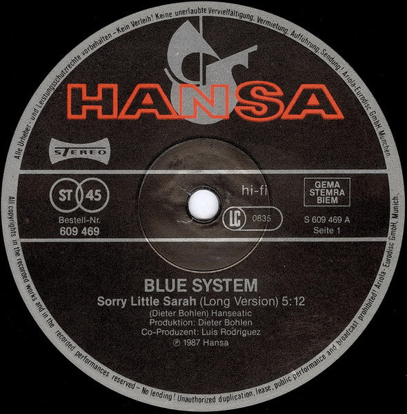 Blue System – Sorry Little Sarah (Long Version)     45 RPM, Maxi-Single